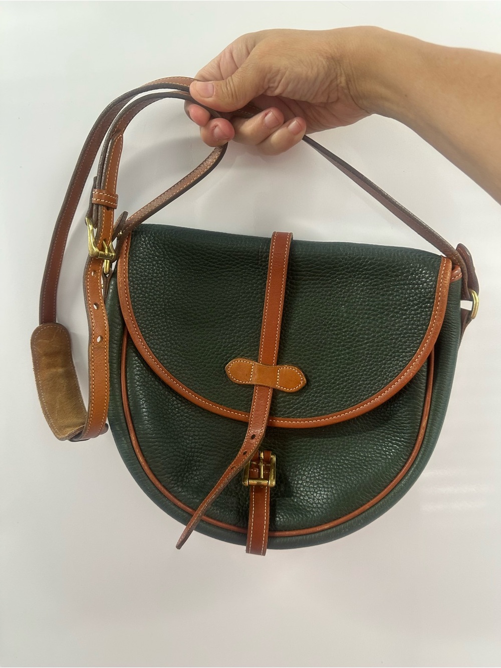 Vintage Dooney & Bourke Green Pebbled Leather Saddle Bag with Brown Trim